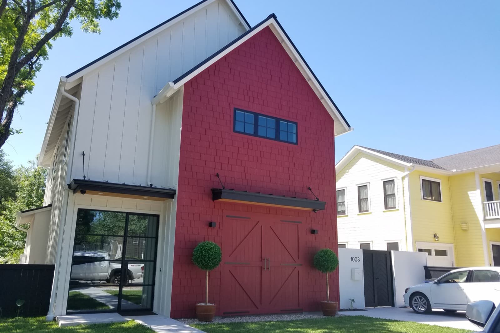 Luxury modern infill architecture set behind the historic streetscape of Clarksville, Austin